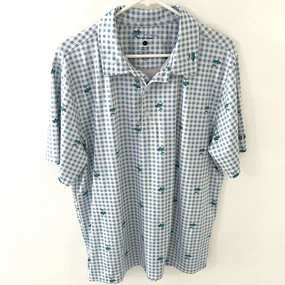 Simply Southern Checkered Palm Tree Performance Polo, Size: Large